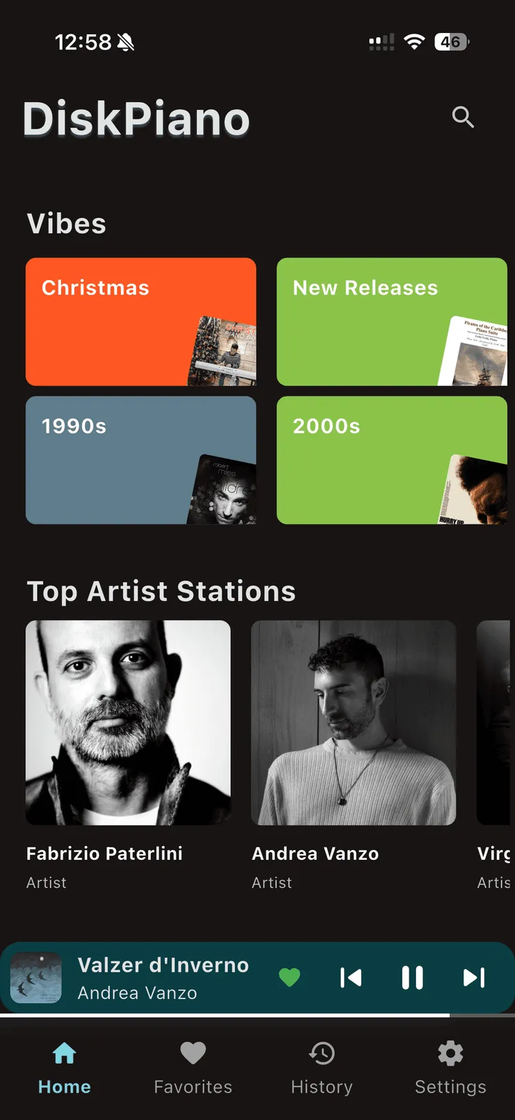 DiskPiano explore screen with vibes and artist stations