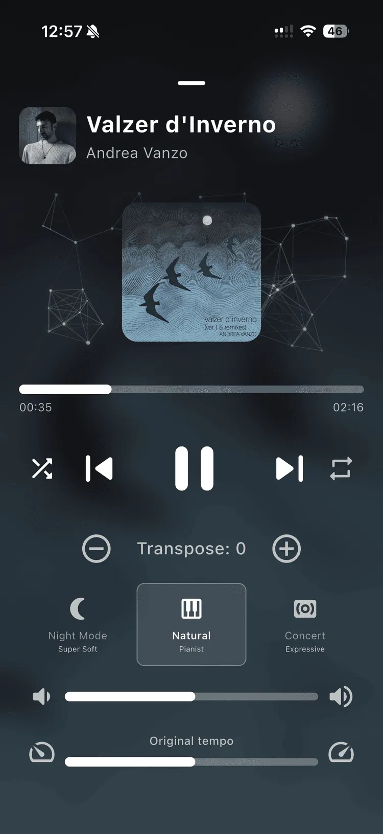 DiskPiano playback controls with Night, Pianist, and Concert modes