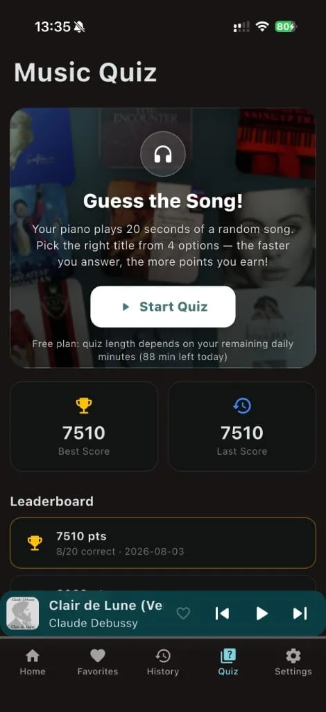 DiskPiano Music Quiz — Guess the Song mode with scores and leaderboard